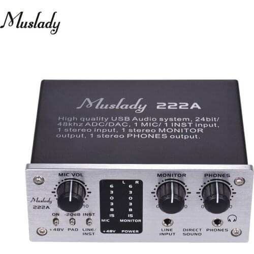 Muslady 222A 2-Channel USB Audio System Interface External Sound Card +48V phantom power DC 5V Power Supply for Computer