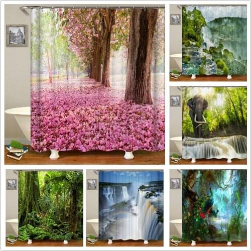 3D Landscape Animal Elephant Shower Curtains Green Plant Forest Natural Scenery Waterproof Polyester Bathroom Curtain With Hooks