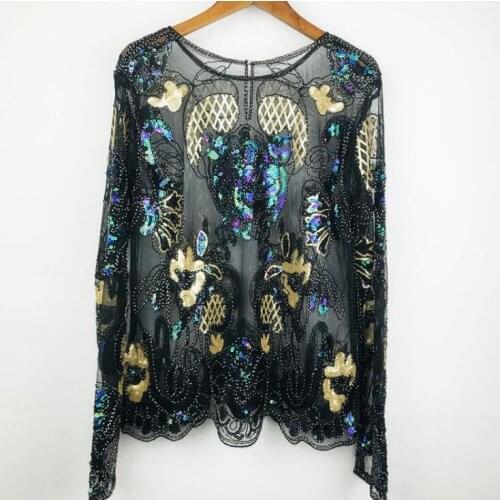 Womens Luxury Vintage Shiny sequins paillette Beaded Shirt Female Club Party Dancing Performance Pullover lace Tops Tees TB595