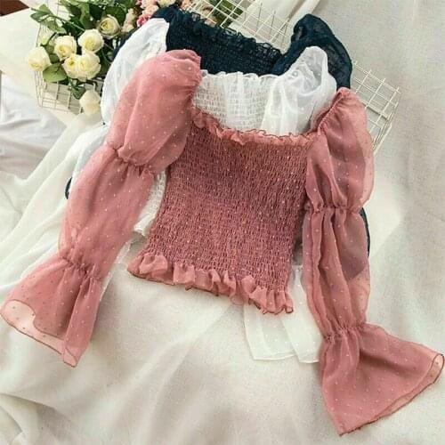 Women Off Shoulder Chiffon Blouse Top Lolita Sheer Puff Sleeve Flared Vintage White Black Grey Pink Chiffon Shirt 904-A968