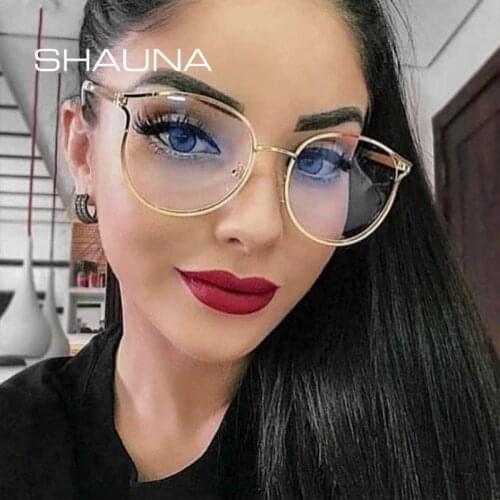 SHAUNA Retro Women Oversized Round Glasses Eyewear TR90 Thin Metal Frame Anti Blue Light Vintage Cateye Eyeglasses