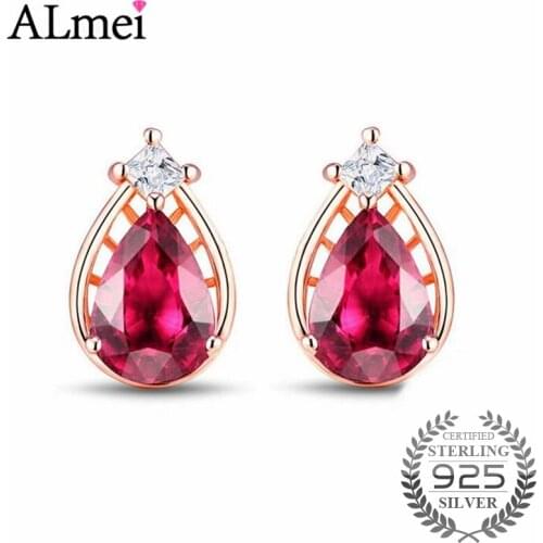 Almei Red CZ Crystal Teardrop Bridal Earrings for Women 925 Sterling Silver Jewelry Small Earrings Christmas with Box 40% LR009