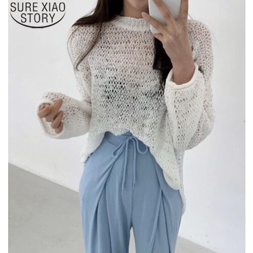 Women Sun-protection Shirt Summer O-neck Knitwear Pullover Thin Clothes Sunscreen Blouse Korean Loose Long Sleeve Shirts 14806