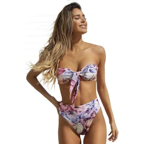 New 2021 Bikini Set Print Flower Swimsuit For Women Summer Beach Bathing Clothes Bandage High waist Sexy Lady Swimwear