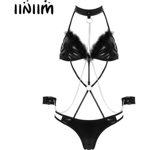 Women Lingerie Set Halter Lace-up Strappy One-piece Bodysuit Wetlook Patent Leather Feather Trimming Metal Chain Decor Leotard
