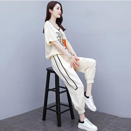 Womens Casual Suit Fashion V-neck Crop Top 2021 Summer New Pencil Pants And Short Sleeve T Shirt Two Piece Set Tracksuit Women