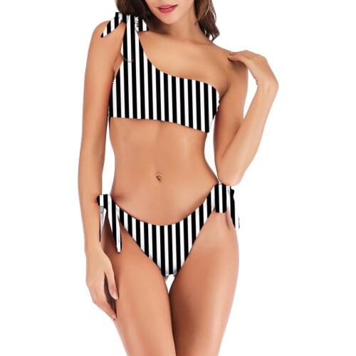 Women Stripe Bikini One Shoulder Bathing Suit Patchwork Beachwear birezilya bikini trajes de bano Bathers Swimsuit Swimwear