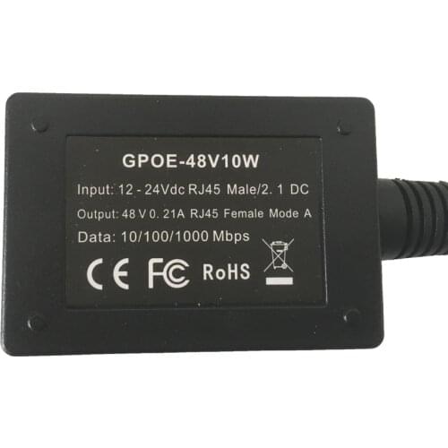 12 volt 24 volt input Gigabit Power Over Ethernet 48 volt step up injector: GPOE-48v10w