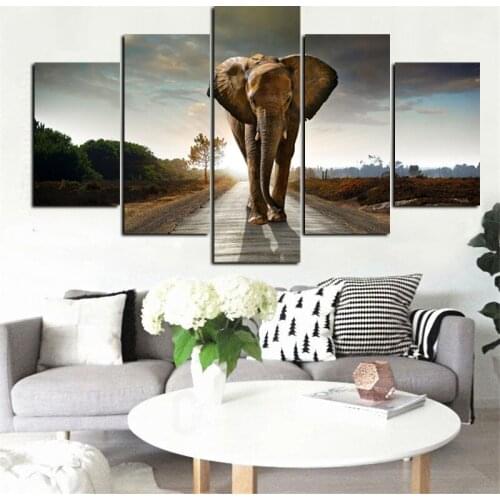 5Panel Print Africa Elephant Abstract Landscape Oil Painting on Canvas Art Animal Poster Modular Wall Picture for Living Room
