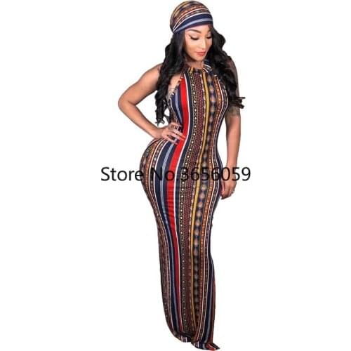 Africa Clothing Sexy Multicolor Striped Printed Off Shoulder Sleeveless Dress With Headscarf Maxi Dress Women Bohemian Party