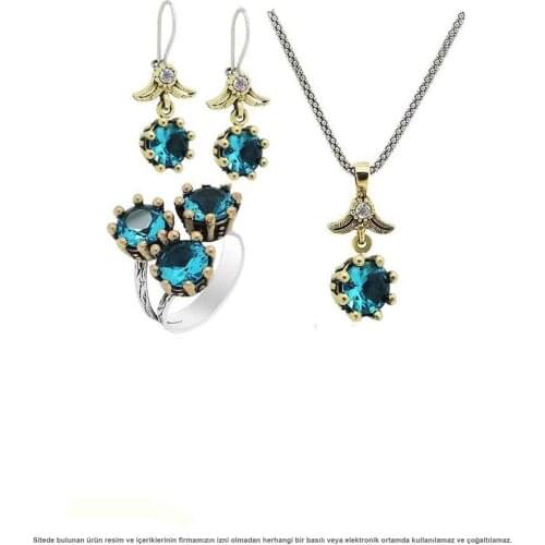 Aquamarine Stone Silver Triple Set Jewelry