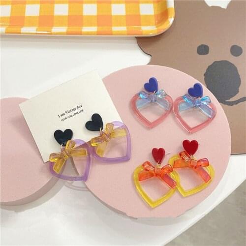 AOMU Vintage Pink Blue Acrylic Hollow Love Earrings Exaggerated Irregular Geometric Hollow Bow Drop Earrings for Women Gifts