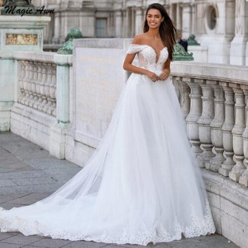 Magic Awn White Lace Appliques Wedding Dresses Sheer Off The Shoulder Illusion Princess A-Line Vintage Bridal Gowns Sweep Train