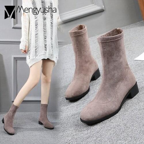 Soft Velvet Boots Women Winter Plush Warm Low Square Heels Chelsea Boots Back Zipper Stretch Femme Fleeces Botas Mujer Slim Leg