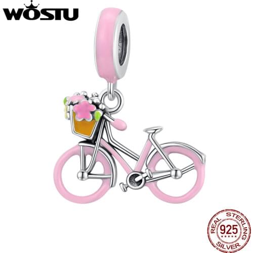 WOSTU 2021 925 Sterling Silver Pink Girl Bicycle Flower Sparkling Pendant Charm Beads Fit Original Bracelet DIY Jewelry CQC1975
