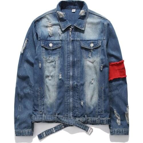 Spring Autumn Coats Men Hole Patchwork Bleached Embroidery Turn-down Collar Full Sleeve Fake Zippers Male Denim Jackets Tide