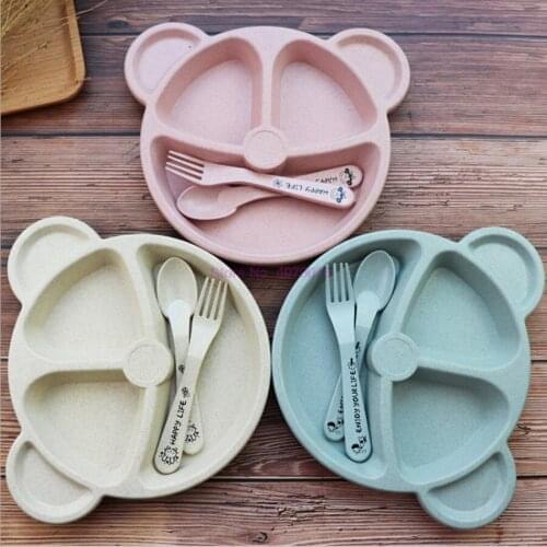 DHL 100set Baby bowl+spoon+fork Feeding Food Tableware Cartoon Bear Kids Dishes Eating Dinnerware Anti-hot Training Dinner Plate