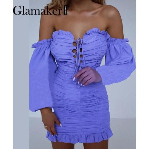 Glamaker Purple off shoulder sexy bodycon fold mini dress Party ruffles lace up slim dinner dress vestidos Lantern sleeve dress