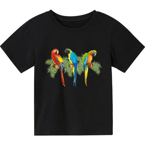 Rainbow Birds Cockatiels Parrots Print Baby Clothes Girl T-Shirt Summer Boy Clothes Childrens Black T Shirt Toddler Kids Tops