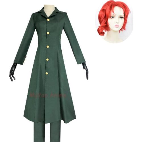 Anime JoJos Bizarre Adventure Noriaki Kakyoin Cosplay Costumes Halloween Outfits Carnival Suits Red Wigs Ponytail Green Cloak
