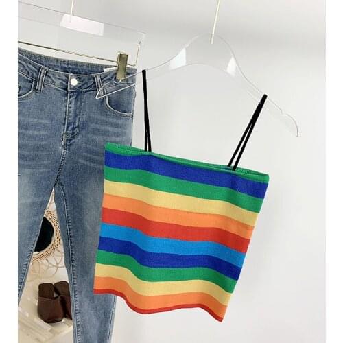 Fashion Trend Summer Rainbow Knitted Tank Tops for Women Sleeveless Top Cropped Casual Outfits Streetwear