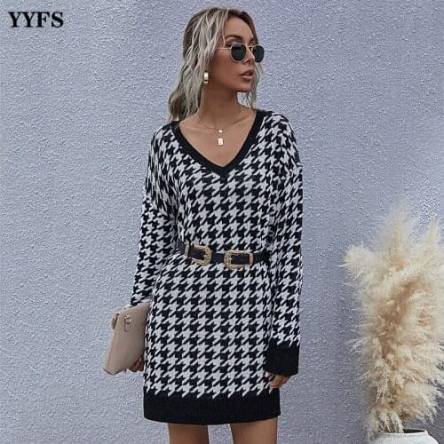Fashion Womens Sweater 2020 Autumn Winter Houndstooth V-Neck Pullover Loose Chic Tops Commuter Mid-Length Knitted Sweater Women