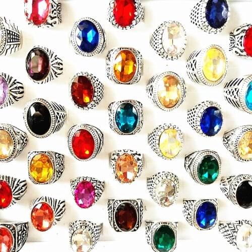 MixMax 50pcs/lot Mix Styles Vintage Jewelry Silver Plated Big Stone Rings for Men Women Ring Party Gifts Wholesale dropshipping