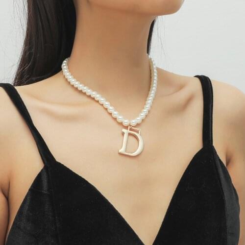 Punk Shiny Rhinestone Crystal Letter D Pendant Necklace Boho Imitation Pearl Choker Necklaces Collar for Women Jewelry