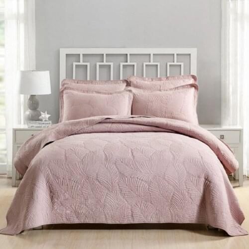 Pink Cotton Bedspread on the Bed Quilt Set 3pc Coverlet Solid Embroidered Bed Cover Pillow Shams King Queen Size Blanket for Bed