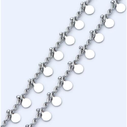 Silver tone Curb Chain with 3mm Round Disc Charms, Rhodium plated brass, Quality Chain for Necklace Wholesale (#LK-431-2)