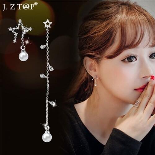 Fine Pentagrams Star Stud Earrings Zircon Imitation Pearl Tassel Earrings Needle Hypoallergenic Asymmetric Earring