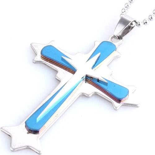 Blue three layer cross 316L Stainless Steel pendant necklaces bead chain for men women wholesale