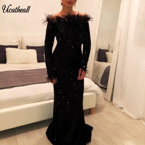Feather Slash Neck Party Dress Shiny Women Autumn Winter Long Sleeve Fringe Sexy Mesh Tassel Long Glitter Sequins Dress Elegant