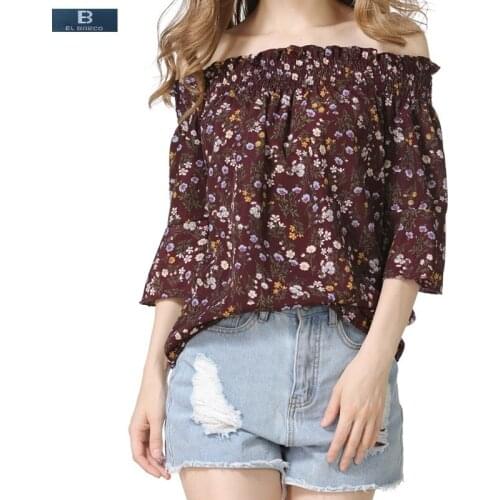 [EL BARCO] 2017 Summer Cotton Linen Slash-Neck Women Chiffon Blouse Shirts Floral-Print Butterfly-Sleeve Lady Vintage Casual Top