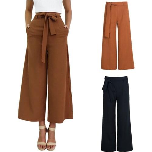 Europe And America New Style WOMENS Pants Loose Medium Waist Big Trouser Legs Half-length-Capri Pants Lace up Pants plus