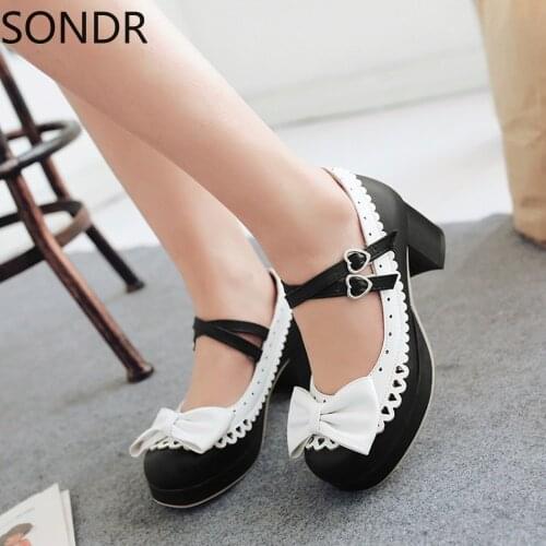 US4-11 Womens Lolita Mid Heel Round Toe Bowknot Straps Kawaii Cosplay Shoes Plus Size 34-43 Belt Buckle Mary Janes Sweet
