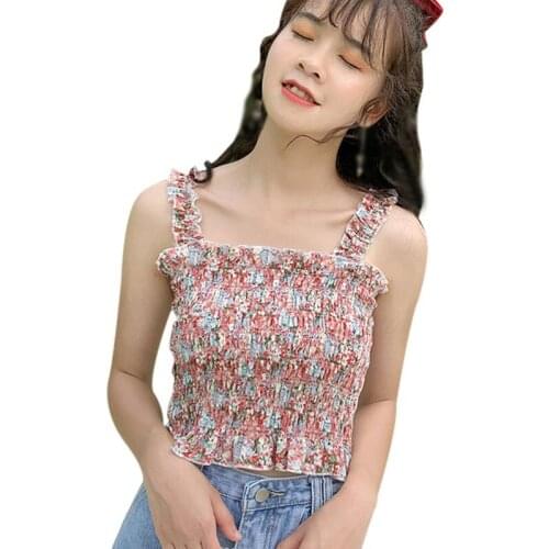 Womens Camisole Korean Style Floral Pleated Wild Top Short Slim Sleeveless Slim Printed Summer Camis Tank Tops