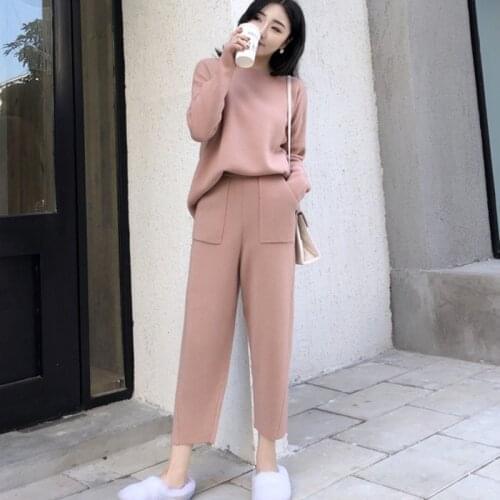 Sweater Pullover + Slim Pants Two Piece Set Knitted 2 Piece Set Tracksuits Women 2021 Autumn Winter Thick Warm O-Neck Loose