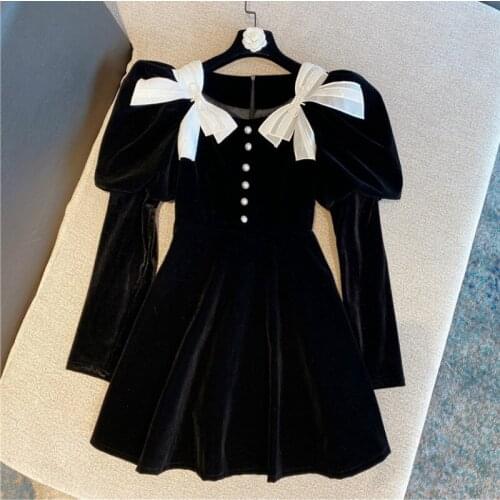 Bow Velvet Dress Women New Retro Temperament Slim Waist Long Puff Sleeve Black Sweet Dresses Lady Vestidos 2021 Spring Winter
