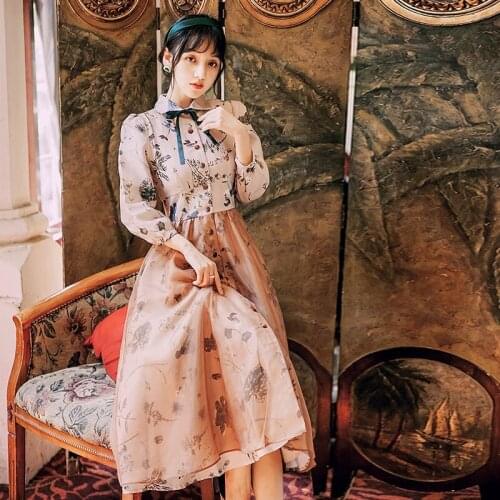 2021 Spring Autumn Women Vintage Long Dress French Elegant Organza Floral Printed Vestidos Peter Pan Collar Ribbon Party Dress