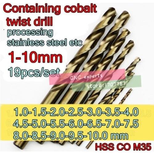 1.0-10.0mm 19pcs/set HSS CO5% M35 Containing cobalt Twist drill Processing stainless steel etc. Free shipping