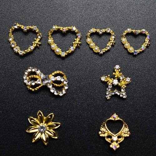 10pcs Gold Heart Flower Star Pearl Rhinestone Nail Art Decorations Alloy 3D Hollow Nail Charm Nail Accessory Supply Hot