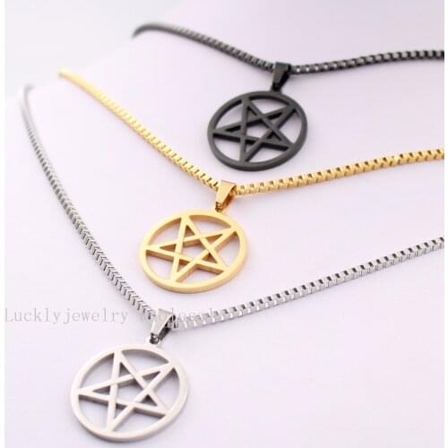 18''-30'' Unisex hip-Hop 2.4mm Square Box Chain Stainless Steel Wiccan Pagan Wicca Inverted Pentagram religion Pendant necklace
