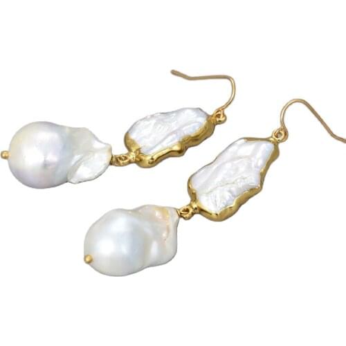 GG Jewelry Freshwater Cultured White Biwa Keshi Pearl Gold Color Plated Earrings