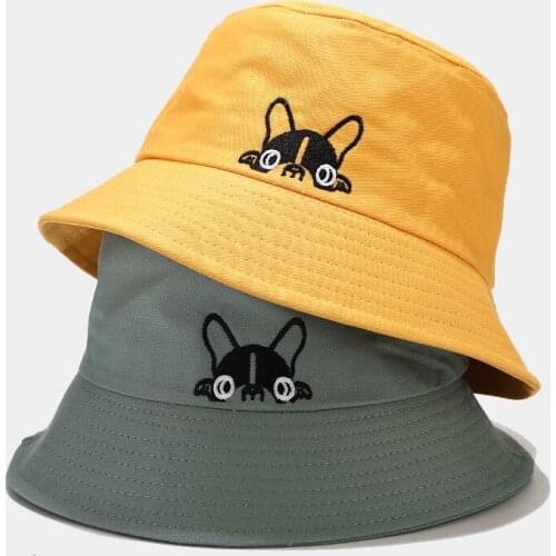 Kawaii Bulldog Cat Embroidery Bucket Hats for Women Men Summer harajuku Fishing Sun Fisherman Hat Bob Panama Street Hip Hop Cap
