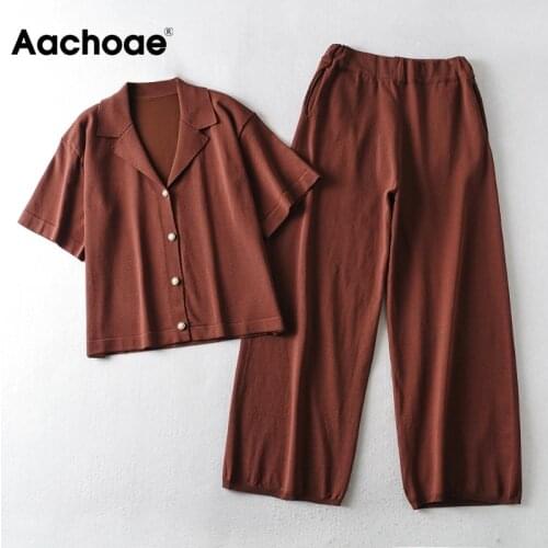 Aachoae Women Solid Casual 2 Piece Set Summer Short Sleeve Tops Home Wear Sets Ladies Long Wide Leg Pants Loose Outfits