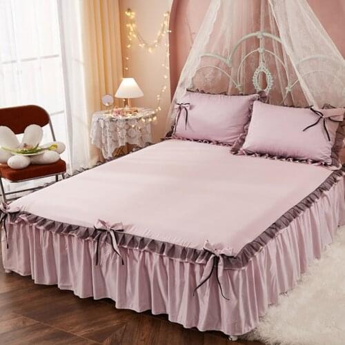 Cilected 3Pcs/Set Korean Bowknot Lace Bed Skirt Pillowcase Ins Princess Wind Non-Slip Bedspread Sheet Mattress Protection Cover