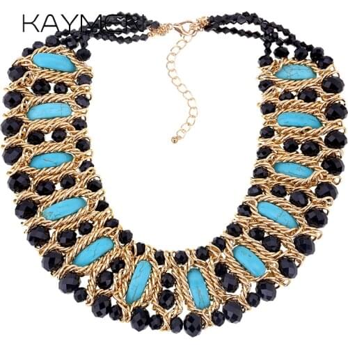 Fashion Bohemia Statement Chain Necklace for Women Girls Golden Chains and Beads Strands Weaving Crystal Necklace 4 Colors 1397