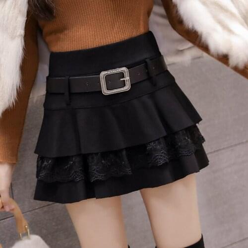 2020 new autumn and winter Korean fashion temperament high waist and thin woolen lace skirt