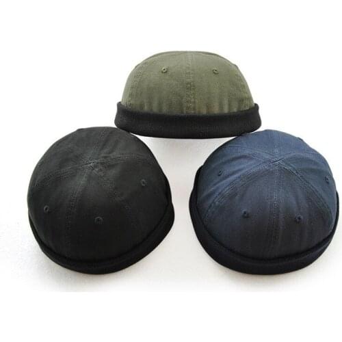 Novelty Retro Skullcap Men Women Sailor Cap Worker Hat Rolled Cuff Brimless Hat Adjustable Hook & Loop Cotton Bonnet Beanies